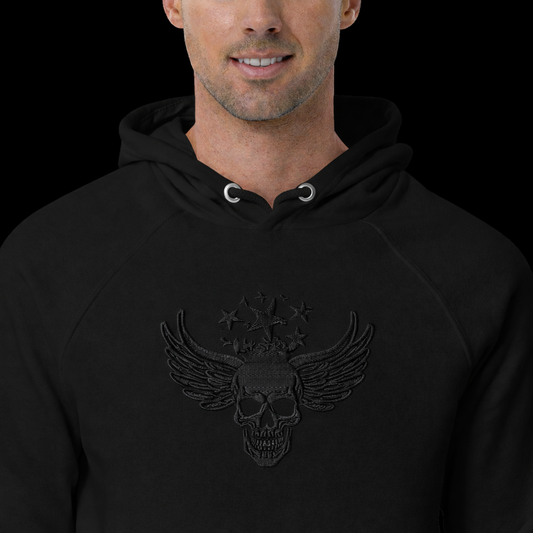 12 Hoodie Raglan Skull & Crow embroidered UNISEX ( 60% organic coton )